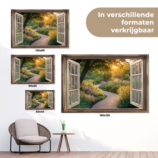 Affiche de jardin 120x80 cm - Décoration de jardin Vue - Fleurs - Nature - Soleil - Chemin - Affiche pour le jardin - Décoration extérieure - Tableau de jardin clôture - Décoration murale sur toile de jardin - Décoration murale sur toile de balcon