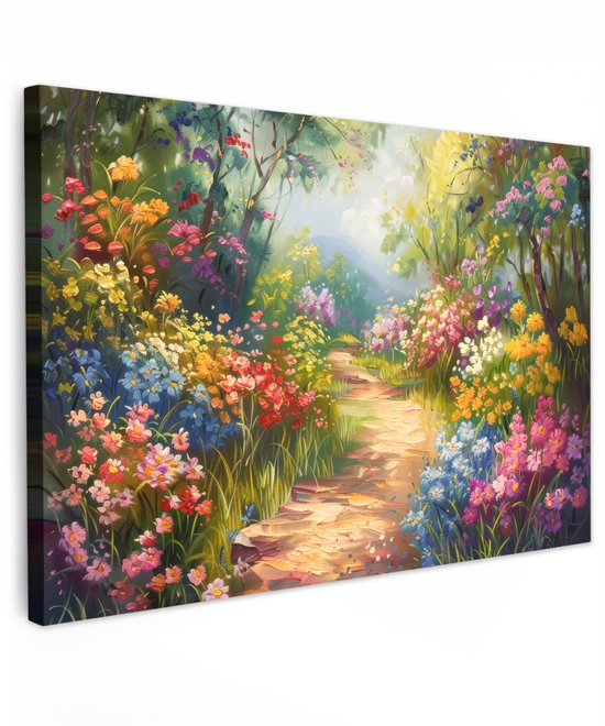 Tuinschilderij voor buiten 60x40 cm - Tuindecoratie Natuur - Landschap - Bloemen - Kleurrijk - Tuinposter op canvas - Tuin muurdecoratie - Buitenschilderij decoratie - Schutting wanddecoratie - Buitencanvas