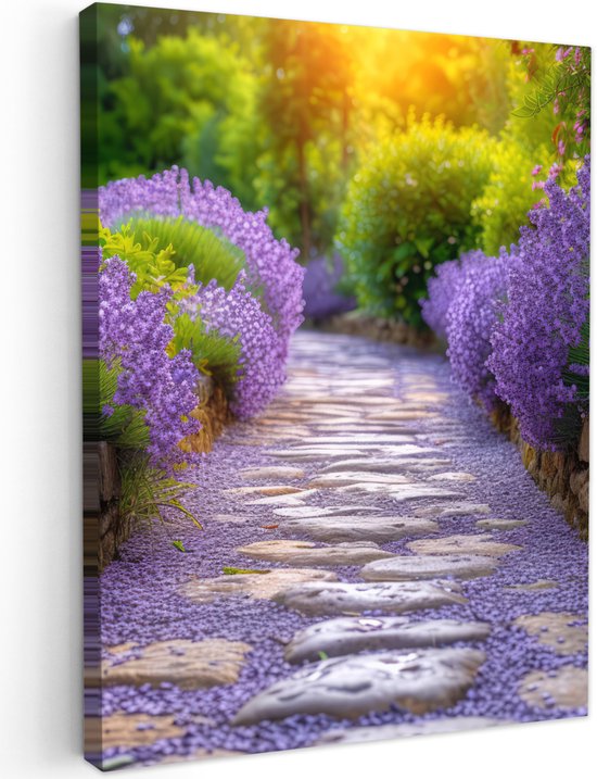 Canvas schilderij van een pad omringd door lavendel, met op de voorgrond een deel van het canvas.