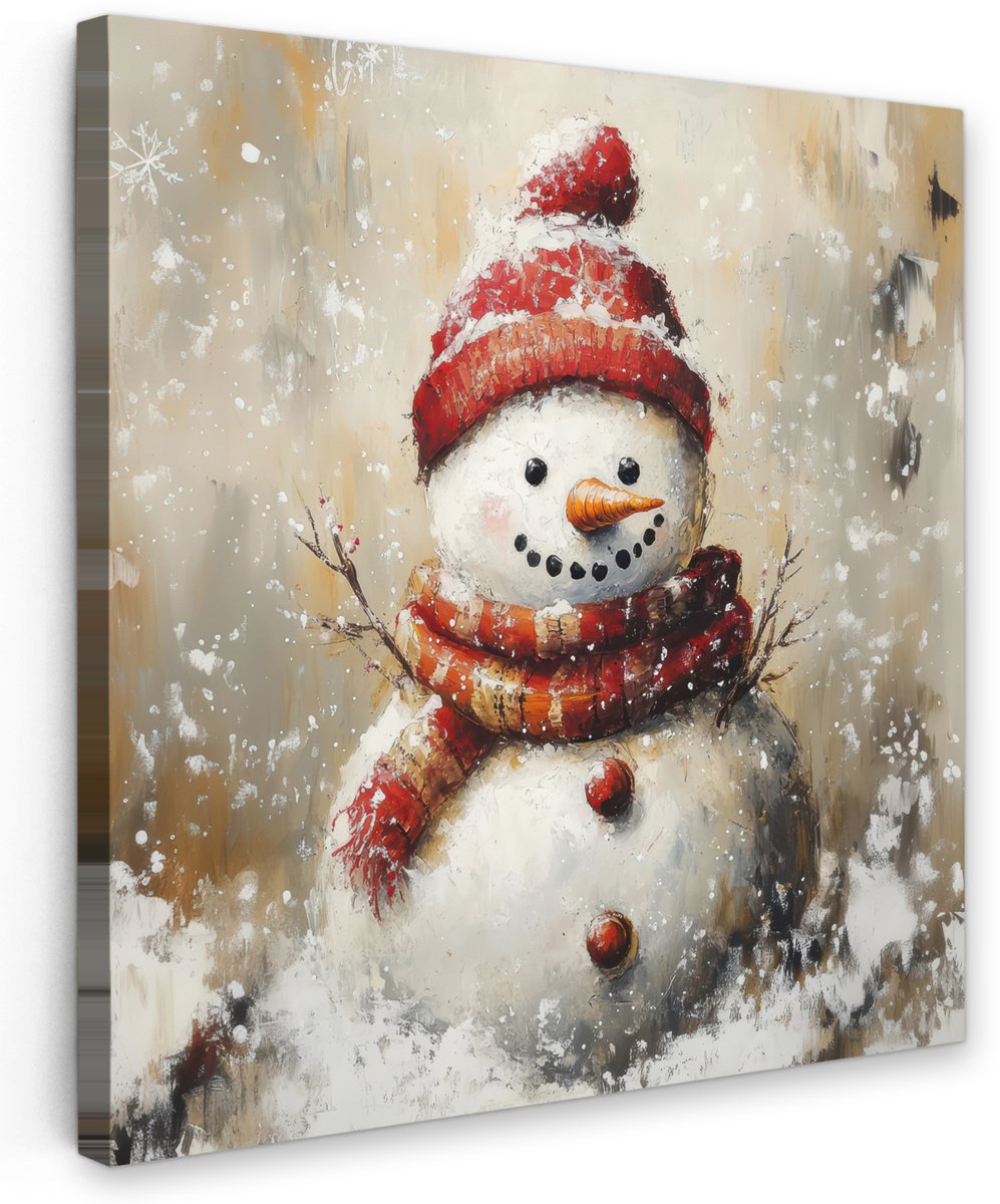 Moderne kersttuindecoratie: 90x90 cm canvas tuinschilderij met sneeuwpop en winterlandschap in beige kleuren.