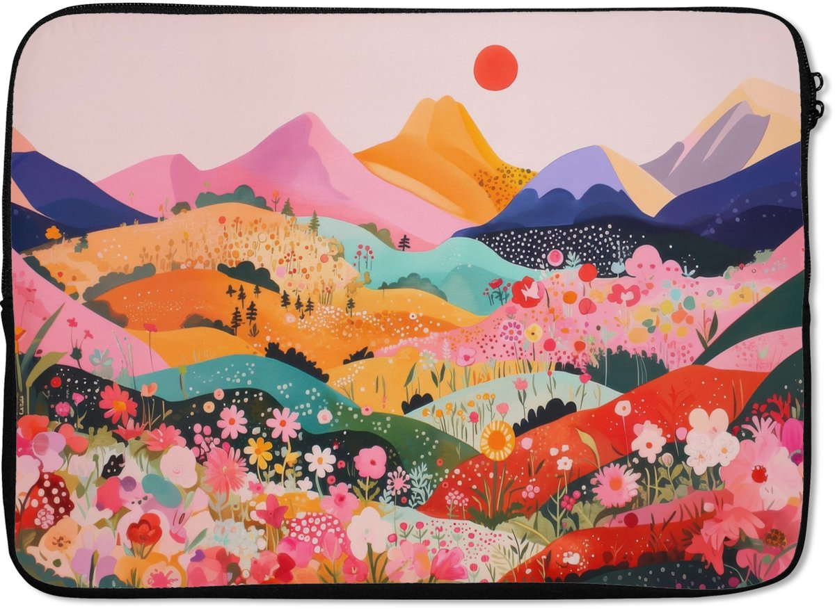 Laptophoes 14 inch - Kleurrijke bloemen - Bergen - Fantasielandschap - Laptop sleeve - Binnenmaat 33x23 cm - Zwarte achterkant