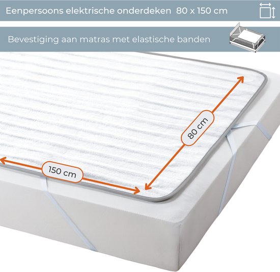 Groot formaat deken 150x80cm op een matras. Bevestiging aan matras met elastische banden.