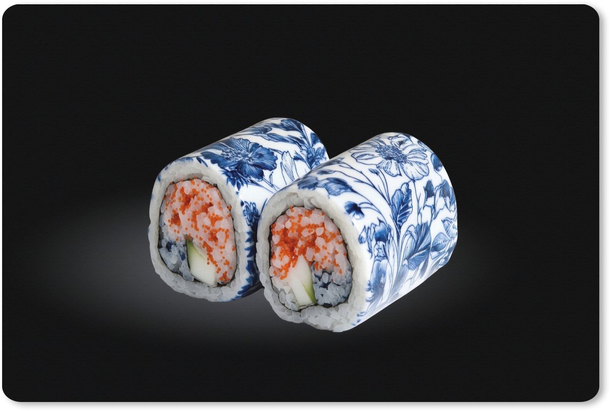 Muismat XXL 120x80 cm - Bureau onderlegger - Bureau mat Sushi - Delfts blauw - Rijst - Vis - Elegant - Bureaumat - Gaming mousepad xl - Bureaulegger groot - Computer deskmat