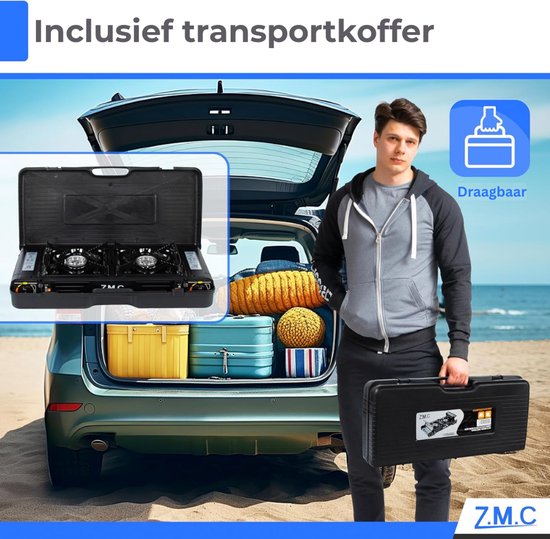 Z.M.C Premium campinggasfornuis met 2 pitten + grillplaat 45x24 cm + gaspatronen 227 g, campingfornuis met ontstekingsbeveiliging voor buiten en binnen, balkon tafel dubbel gasfornuis met piëzo-ontsteking van Z.M.C — afbeelding 3