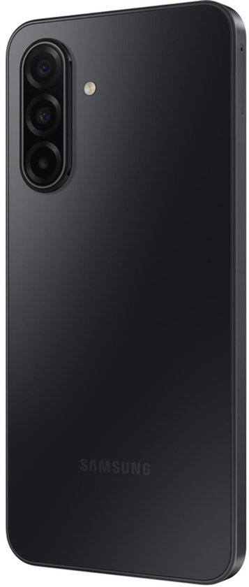 Zijaanzicht van een zwarte Samsung Galaxy A17 5G smartphone met een drievoudige camera.