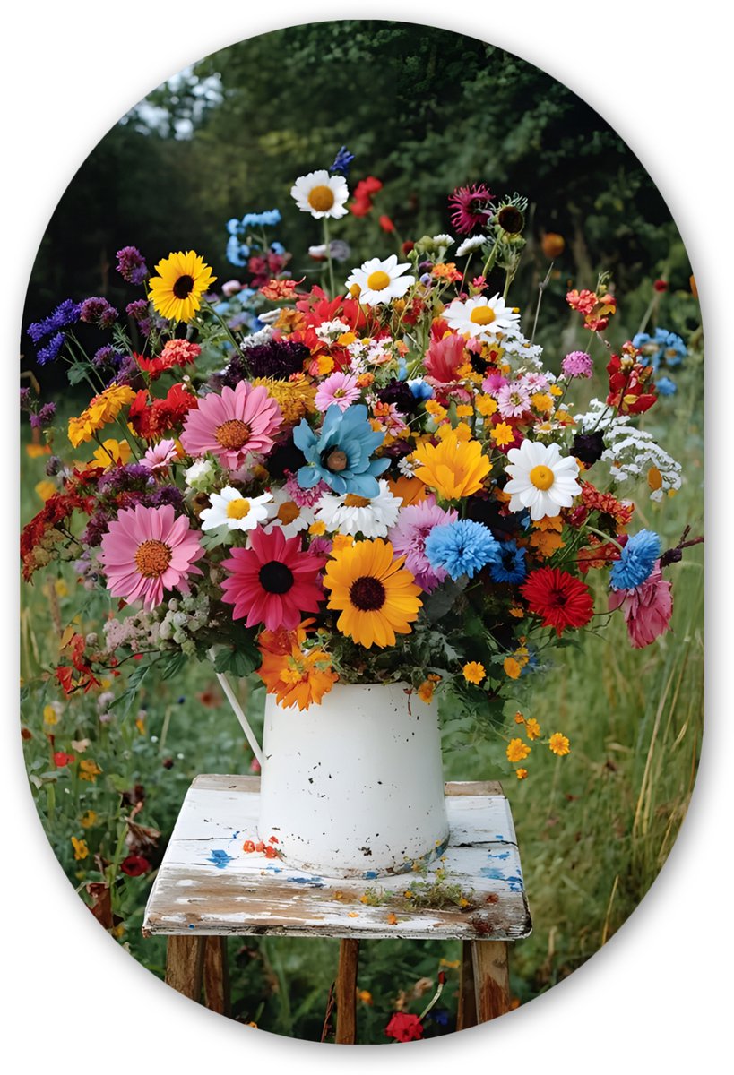 Muurovaal 80x120 cm - Ovale wanddecoratie Bloemen - Krukje - Gieter - Veld - Ovalen schild
