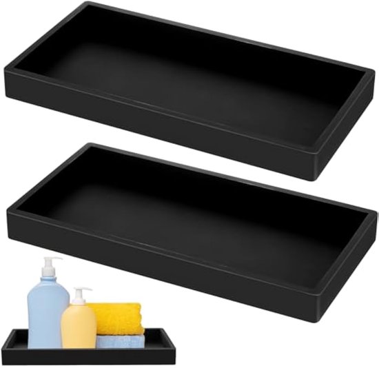 2 stuks badkamerdienblad, zwarte siliconen opbergbakje, rechthoekige make- uptafel, dienblad, badkamerdecoratie, dienblad voor stof, kaarsen, handdoek, kleine cosmetica, planten