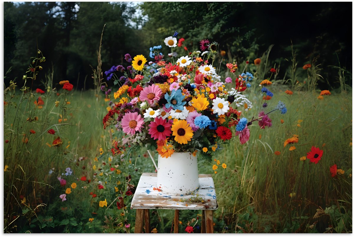 Poster 120x80 cm - Bloemen - Krukje - Gieter - Veld - Posters - Kamer decoratie - Wanddeco
