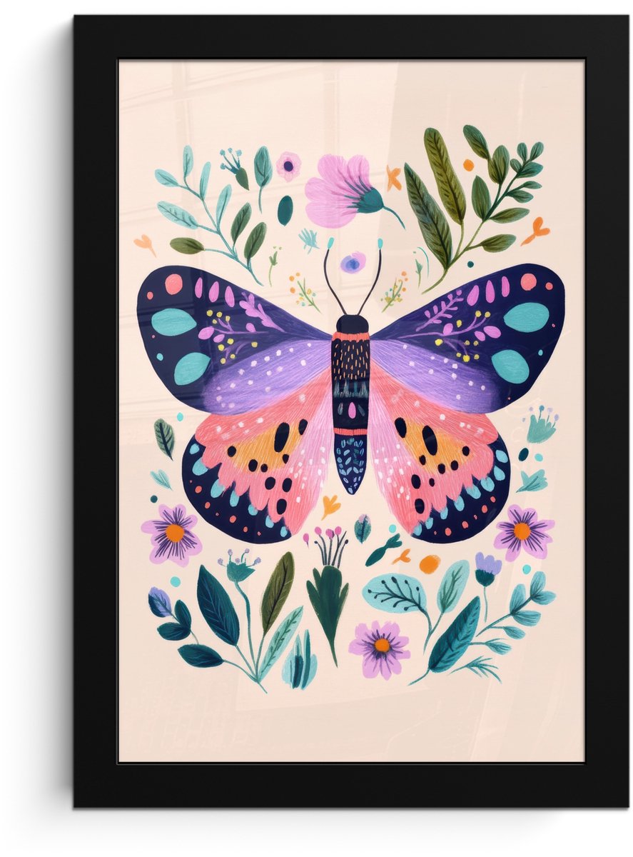 FrameYourWall Poster in lijst - Fotolijst 20x30 cm - Posters - Bloemen - Bladeren - Vlinder - Kleurrijk - Posterlijst zwart - Decoratie - Wanddecoratie woonkamer - Muurdecoratie slaapkamer Vlinder - Bloemen