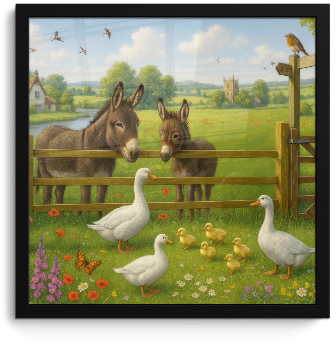 FrameYourWall Poster in lijst - Fotolijst 40x40 cm - Posters - Ezels - Ganzen - Kleurrijk - Posterlijst zwart - Decoratie - Wanddecoratie woonkamer - Muurdecoratie slaapkamer