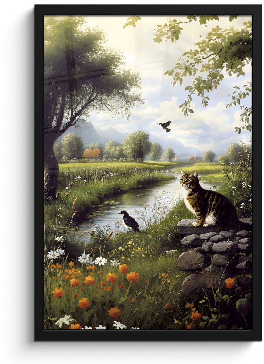 FrameYourWall Poster in lijst - Fotolijst 40x60 cm - Posters - Kat - Beekje - Weide - Posterlijst zwart - Decoratie - Wanddecoratie woonkamer - Muurdecoratie slaapkamer Kat - Natuur