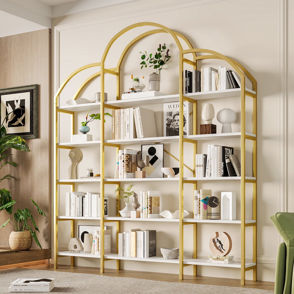 Re-purelife® Modern Boekenrek Goud/Wit 170x26x190 cm – 5-Lagen Opbergrek van Metaal – Uniek Wolkvorm Design – Stevig & Stijlvol - Ideaal voor de hal, Woonkamer, Slaapkamer of Kantoor