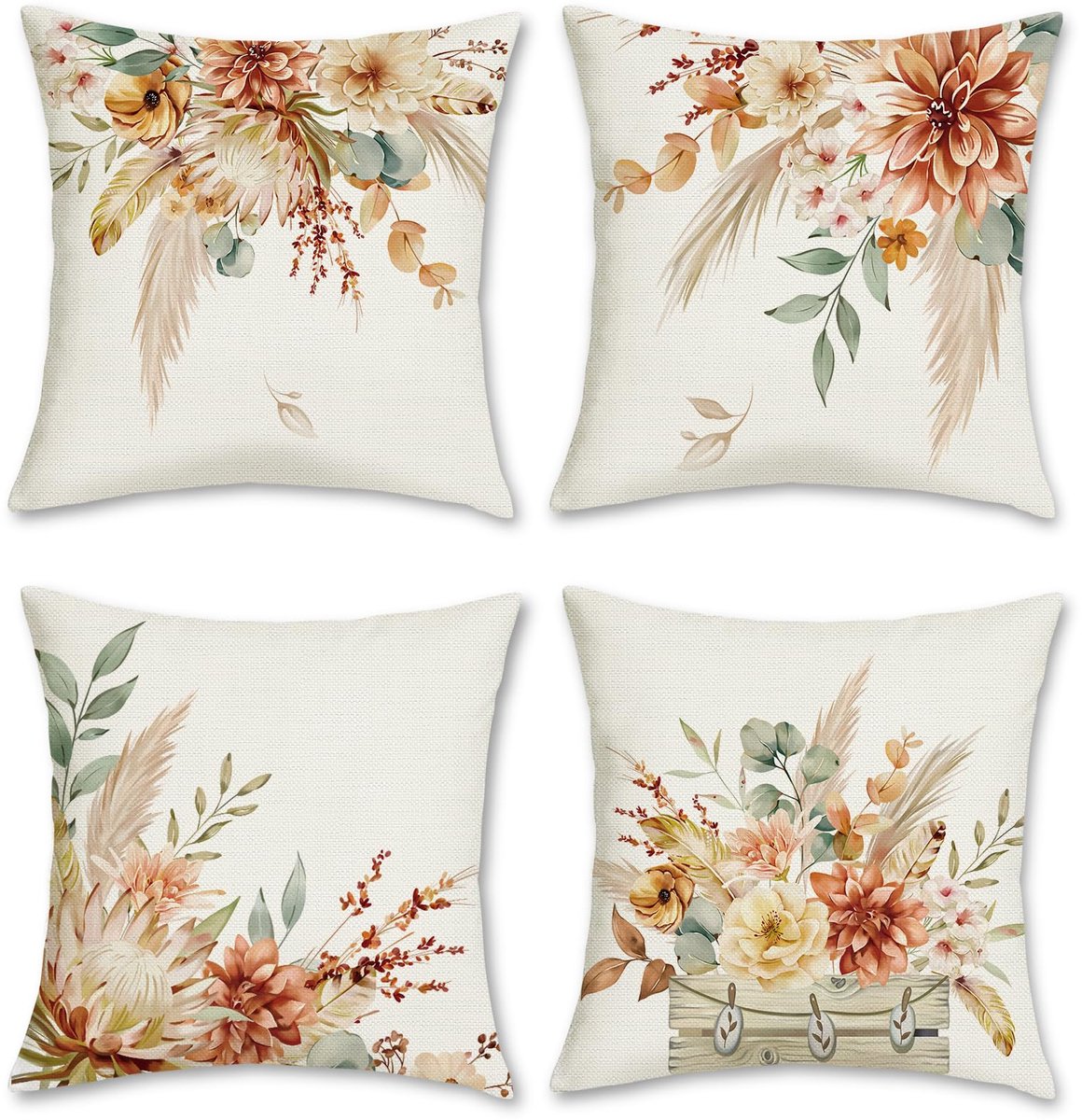 Ibenzoa Set van 4 Boho Bloemen Kussenslopen met Eucalyptus Patroon voor Sfeervolle Decoratie