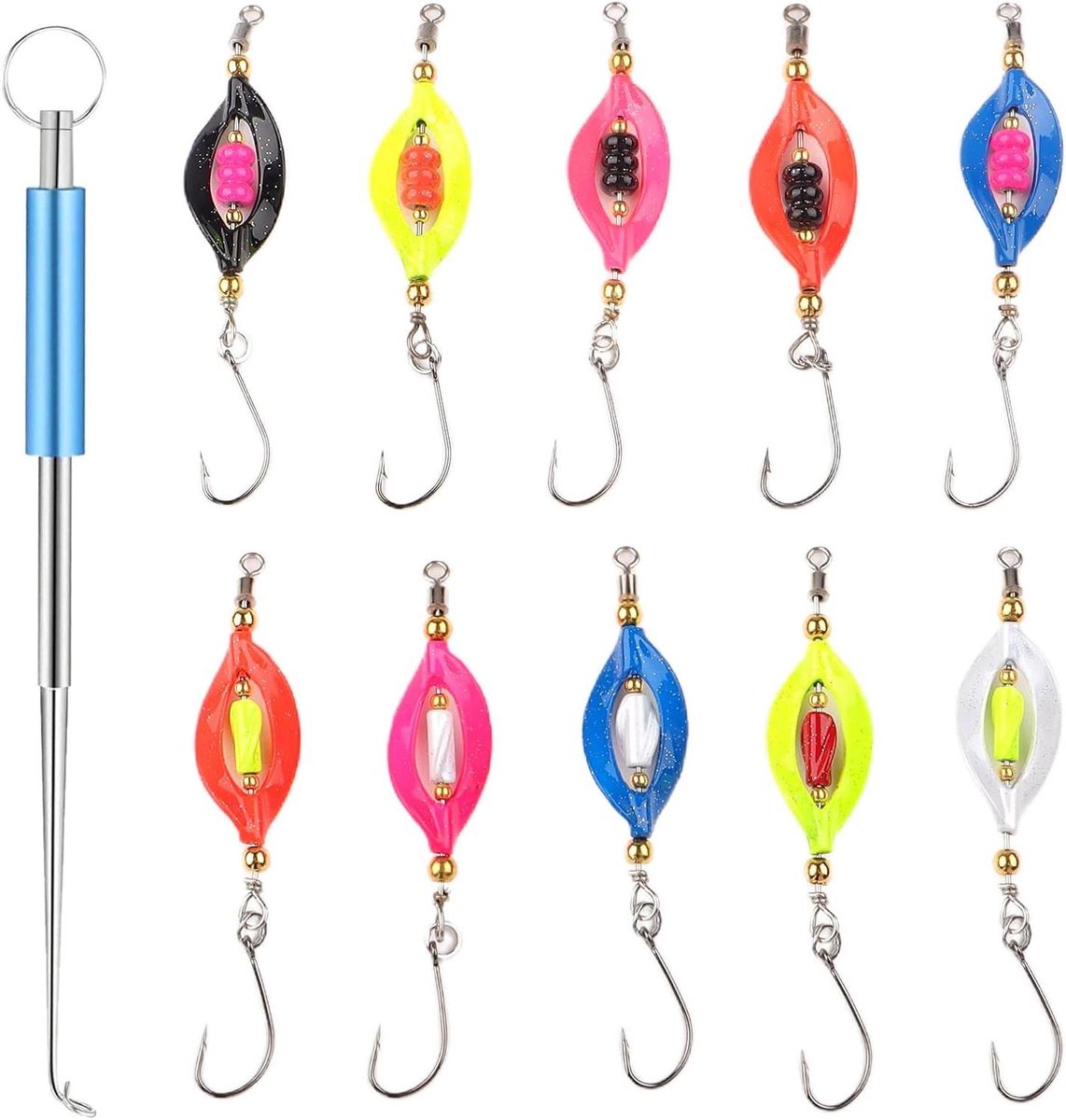 Allecto Plus - 10-Delige Forel Lepel Set - Twisters Forel UV Actief en Zelfverlichtend 3g 4g - Knipperende Verlichting - Enkele Haak Forel Lokken - Forel Indicator Set Lepel in Doos met Vis Haak Verwijderaar.