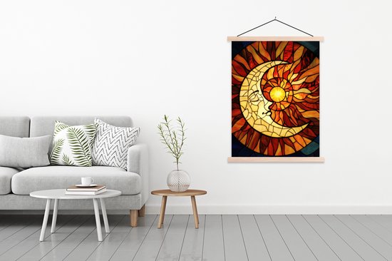 Posterhanger incl. Poster 87x120 cm - Schoolplaat - Mozaïek - Glas - Maan - Donkerblauw - Textielposter - Blanke latten