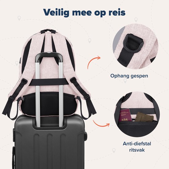 Lichtroze rugzak met zwarte accenten, een anti-diefstal ritsvak en ophang lussen, bevestigd op een koffer.