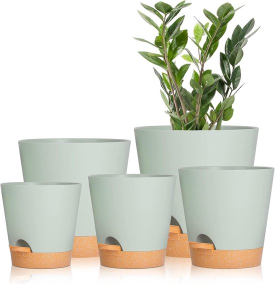 Plastic Flower Pots with Irrigation System 17.8 / 16.5 / 15.2 / 13.9 / 12.7 cm Self Watering with Coaster, Round for Indoor, Balcony, Garden, Plants, Succulents, Cacti, White/Brown