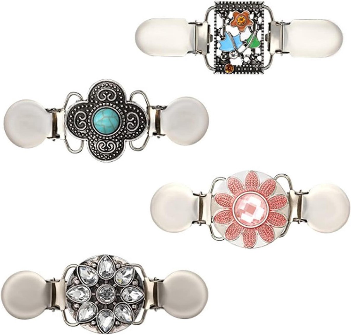 Allecto Plus - 4 Stuks Vest Clip voor Dames | Vintage Truiclips met Strass Bloemen | Sweater Shawl Clip | Metalen Vesthaakjes met 4 Designs