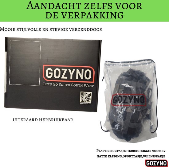 Gozyno heuptas verpakt in een stijlvolle, stevige doos en een herbruikbare plastic tas.