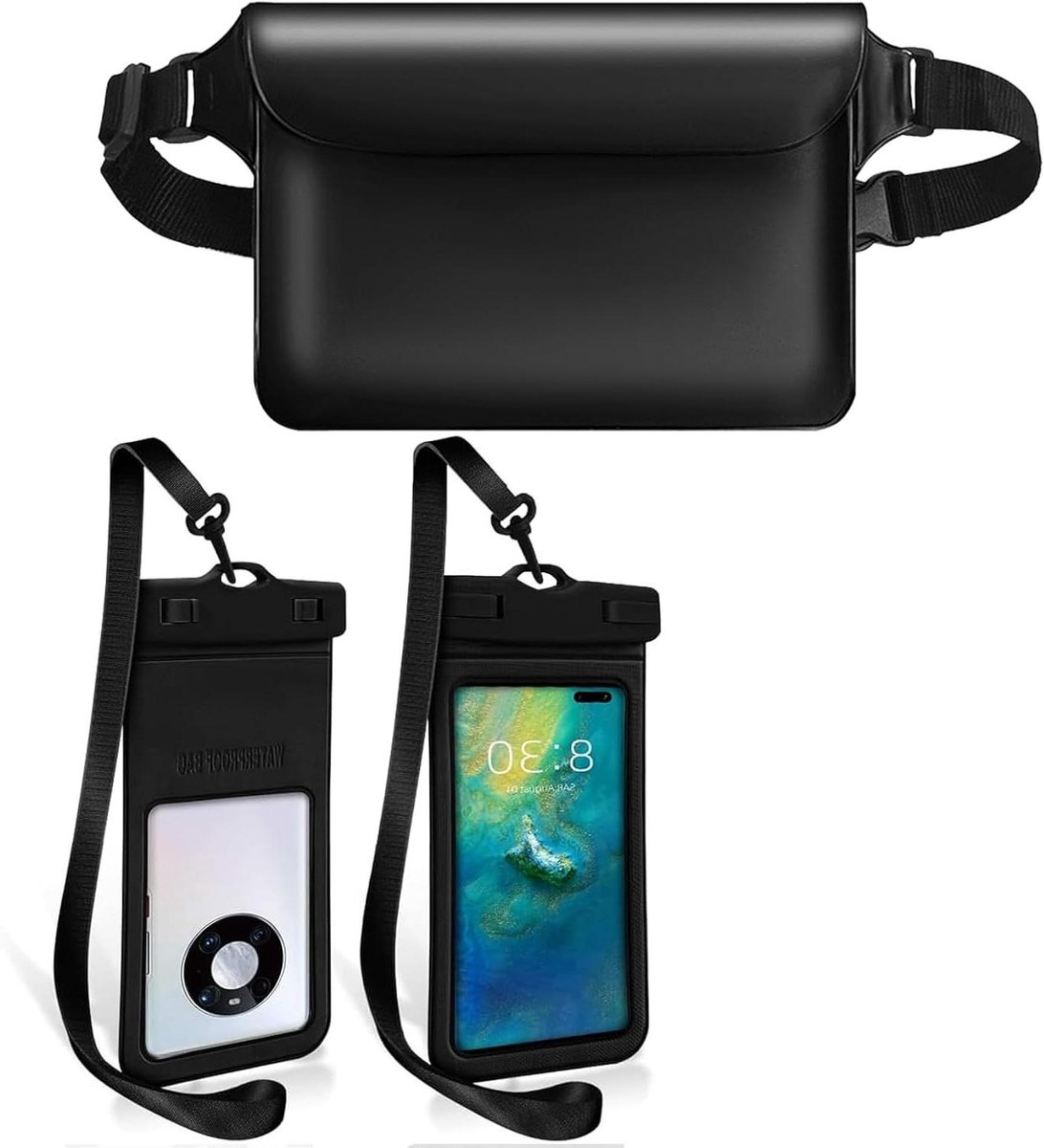 Allecto Plus - Waterdichte Telefoon Pouch Tas met Taille/Schouderriem voor Zwemmen en Kajakken - Set van 2 Zwart