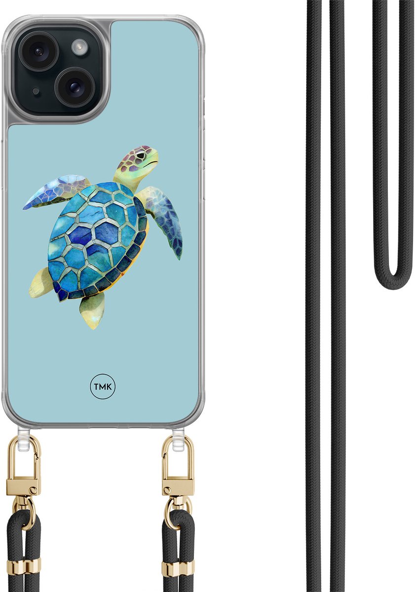 Casevibes - Telefoonhoesje met koord - Geschikt voor Apple iPhone 15 - Schildpad - Blauw - Print