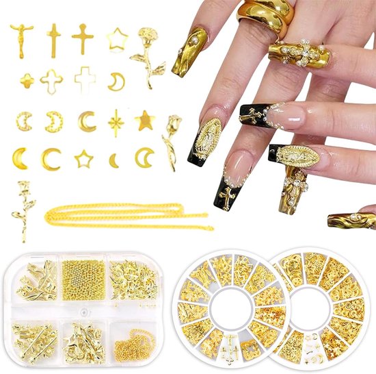 Allecto Plus - 3D-chromen nageldecoraties - goud kruis ster roos maan - oorstekers - doe-het-zelf nagelkunstaccessoires - decoratie knutselen - 75 karakters.