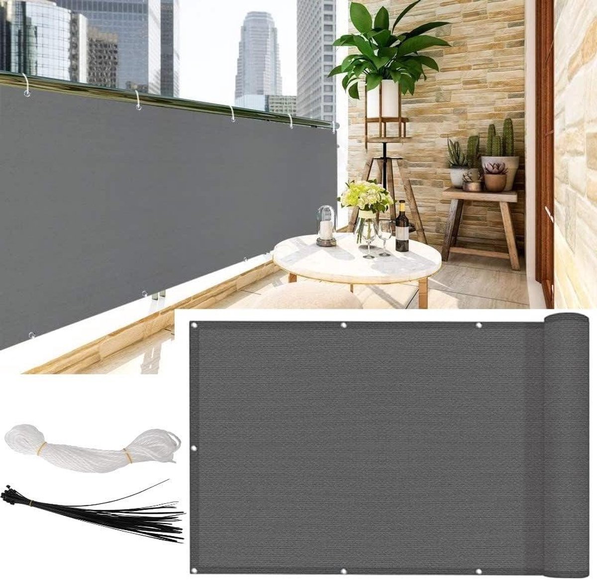 Privacyscherm Balkonscherm 09 m x 5 m - 200 g/m² HDPE - 95% UV-blok - Inclusief kabelbinders en touw