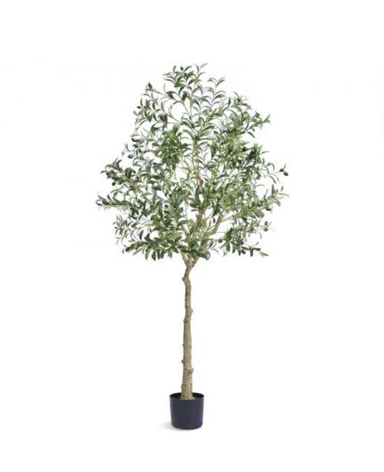Een kunstmatige olijfboom met realistische groene bladeren en olijven in een zwarte pot.