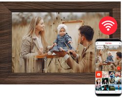 Digitale Fotolijst Met Wifi En Frameo – Fotokader - 10.1'' HD Display Met IPS Touchscreen - 32GB - Muurmontage & Staand Gebruik - Houten Frame