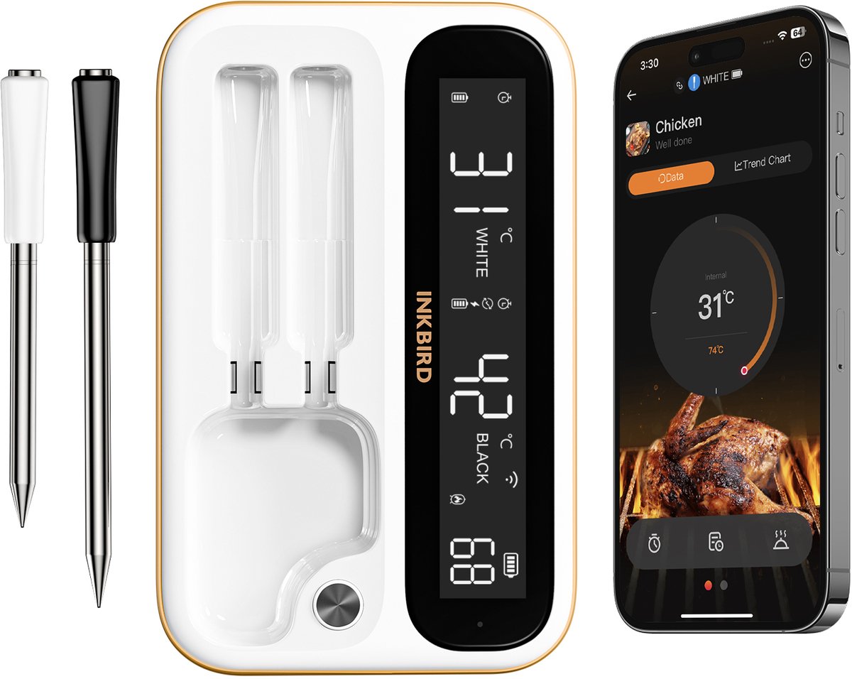 INKBIRD INT-12-BW WHITE Edittion Gift Box Inkbird INT-12-BW – Bluetooth & WiFi BBQ Thermometer – Digitale Vleesthermometer met App – Draadloze Keukenthermometer voor Barbecue, Grill, Oven en Sous-Vide kado Gift verpakking