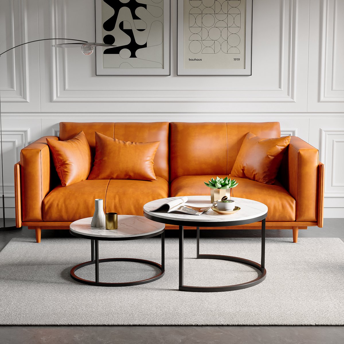 2 ronde salontafels, 80x45cm, 60x33cm, tafel met wit blad en zwarte pootondersteuning, set van 2 ronde salontafels ingebouwd in de zijkant van de bank (wit blad + zwarte poot)