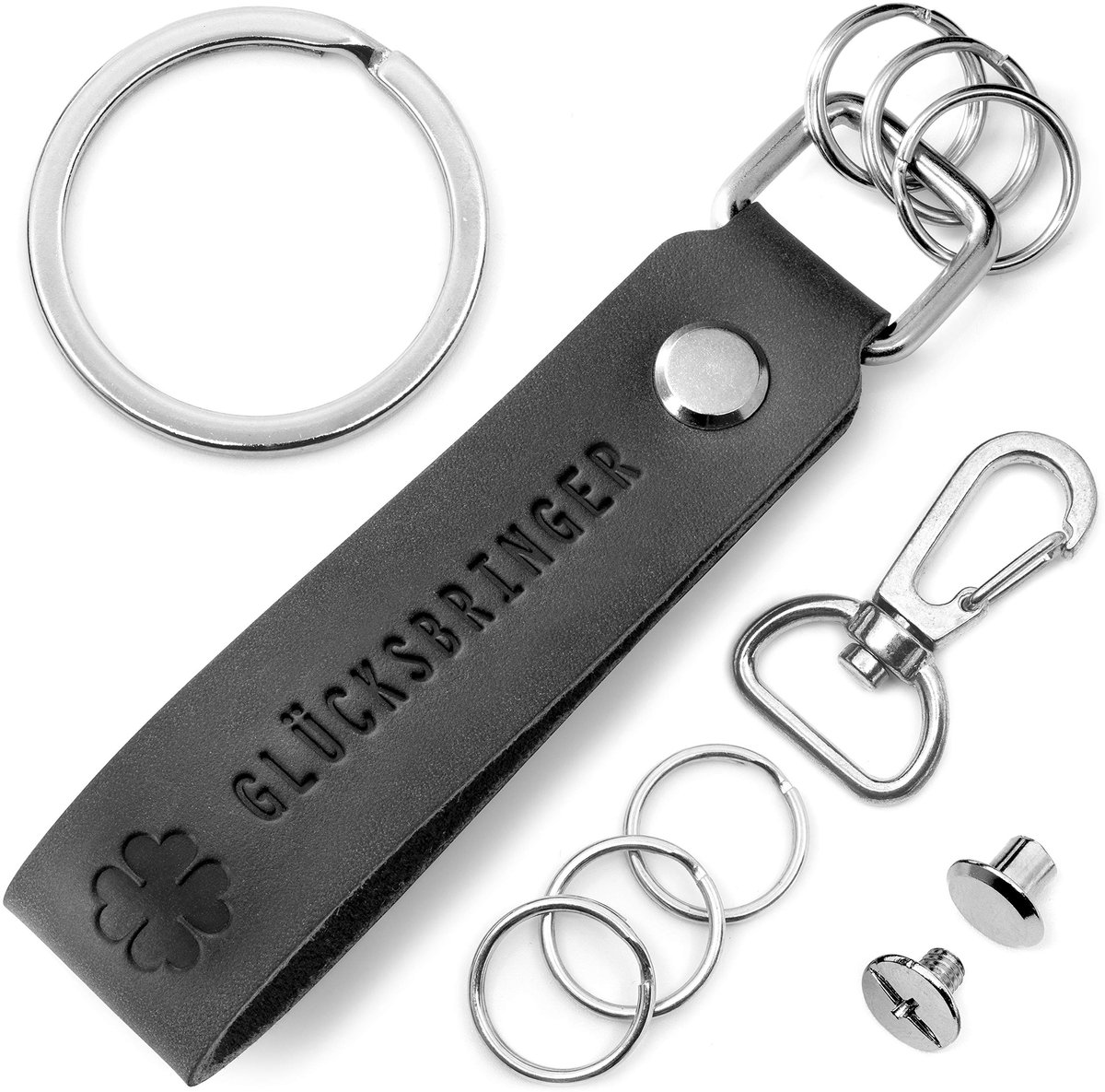 FABACH leren sleutelhanger met verwisselbare sleutelhanger in geschenkverpakking - klaverblad geluksbrenger sleutelhanger met gravure - kleine geluksbrenger - veel geluk - veel succes