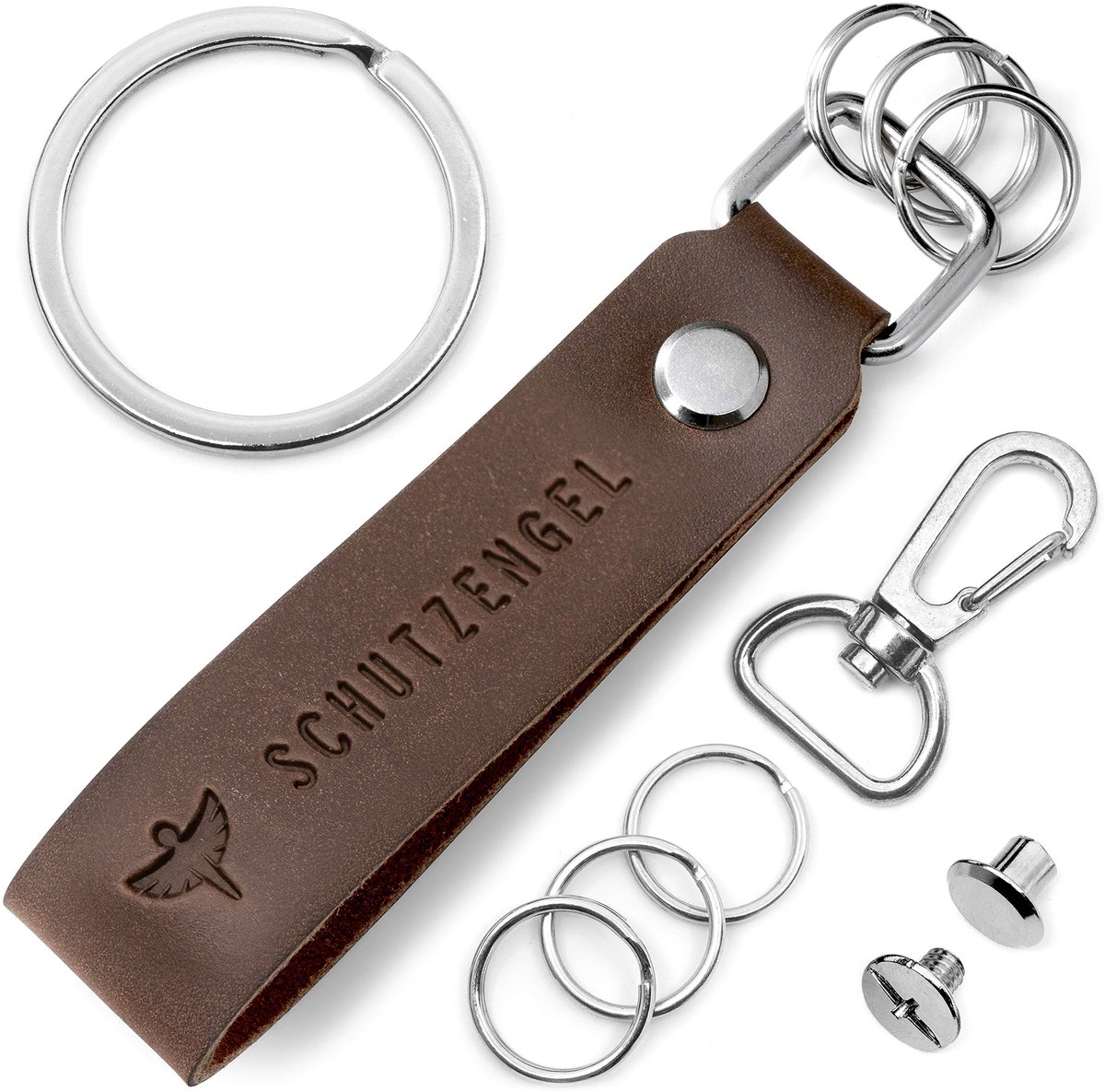 FABACH leren sleutelhanger met verwisselbare sleutelhanger in geschenkverpakking - Autosleutelhanger met gravure beschermengel - Geluksbrenger voor auto, rijbewijs - Rijd voorzichtig
