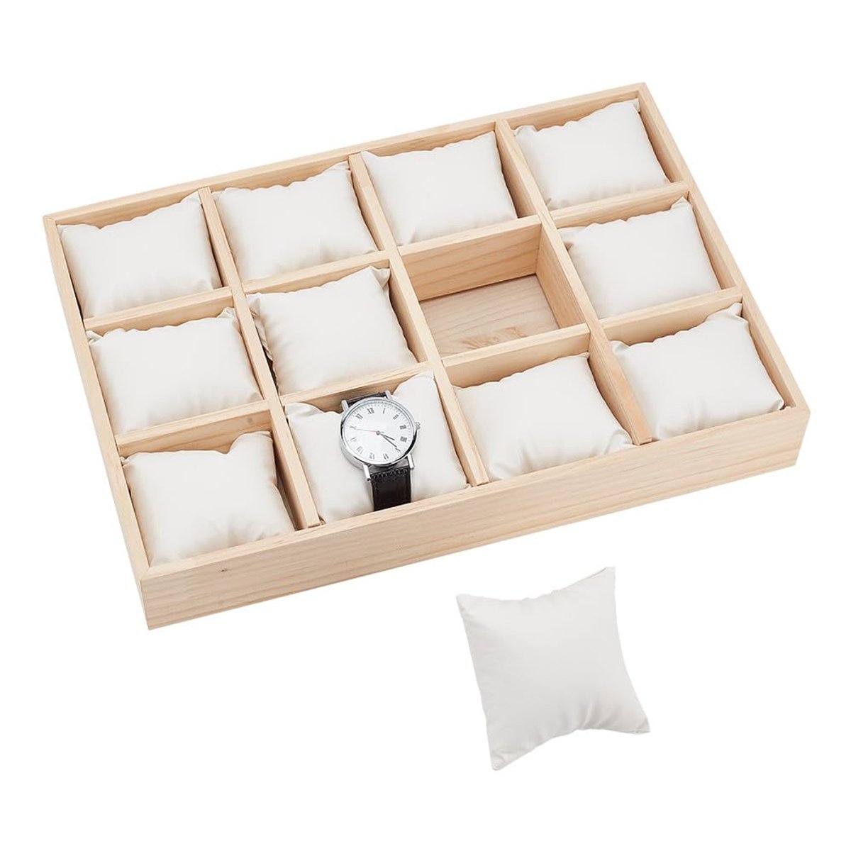 TRANKIELO® - Houten horloge-organizer met 12 sleuven - Verwijderbare PU-lederen kussens - Stapelbaar - Sieraden- en horlogeopbergbak voor lade - Wit