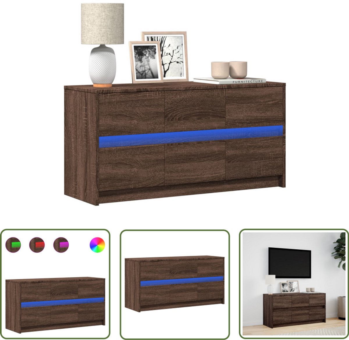 vidaXL Bruine Eiken Kleur - Tv-meubel - Tv-meubel met LED 100x34x50 cm bewerkt hout bruin eikenkleurig - Led Verlichting - Opbergruimte - Houten Tv Kast