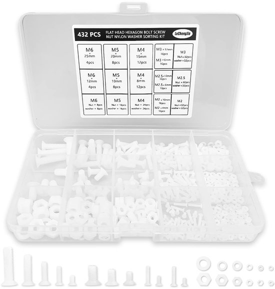 Kit de 432 vis à tête hexagonale plate, rondelles en nylon et boîte en plastique - M2, M2.5, M3, M4, M5, M6 - Blanc
