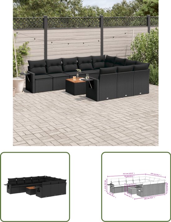 6-delige Loungeset met kussens poly rattan zwart | -nl