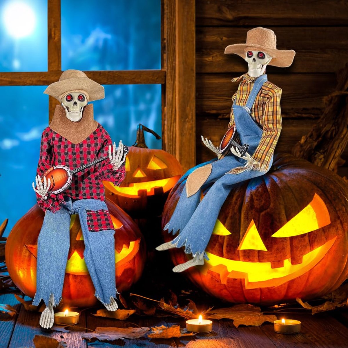 Ibenzoa® Geanimeerde Halloween Banjo-Skeletten Set van 2 met Lichtgevende Ogen voor Feestdecoratie