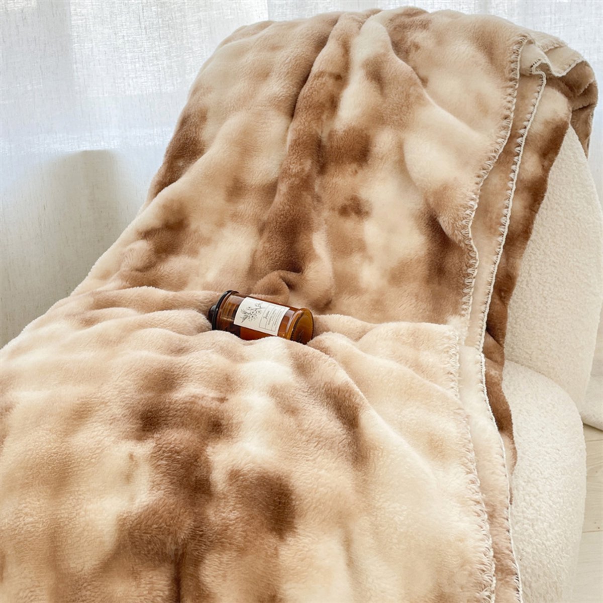 Bubbel fleece deken 150x200 cm – Extra zacht & warm – Plaid voor bank en bed – Bruin/Wit