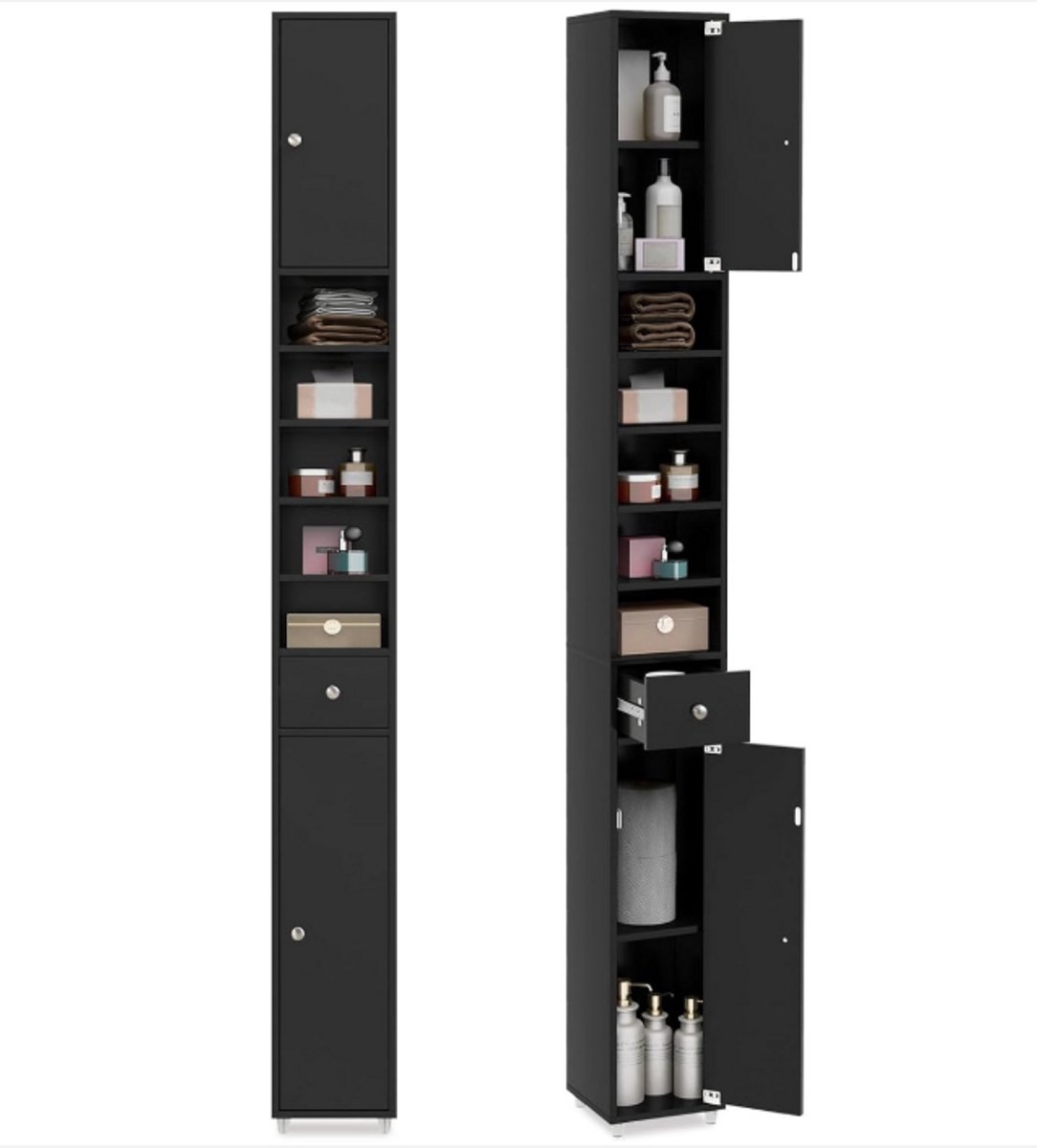 WNHB® Hoge Badkamerkast 180 cm – Smalle Opbergkast met Lade en Vakken – Verstelbare Planken – Houten Kast Zwart – Voor Badkamer Woonkamer Keuke