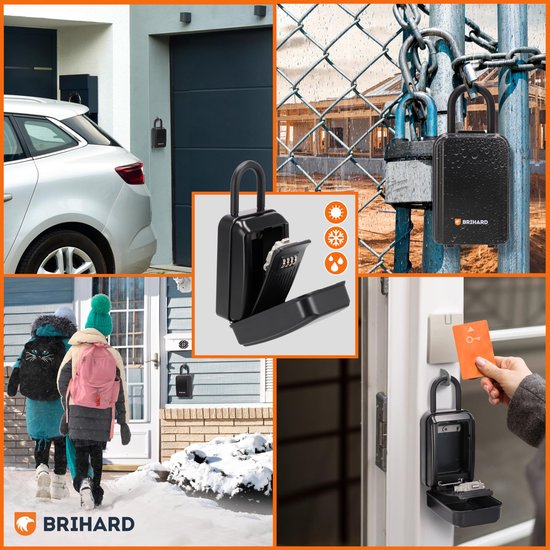 Boîte à clés Brihard sur une voiture, une clôture et une porte. Montre la boîte par temps de pluie et de neige, avec des enfants et une carte d'accès.
