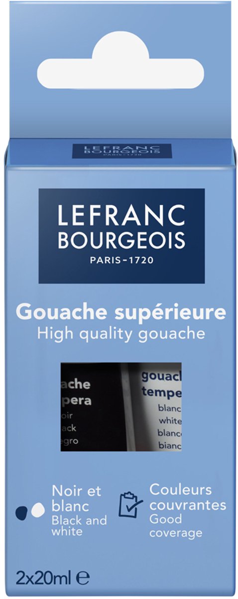 Lefranc Bourgeois 301972 Gouacheverf Set Zwart & Wit – 2 x 20 ml, dekkende waterverf voor school en hobby