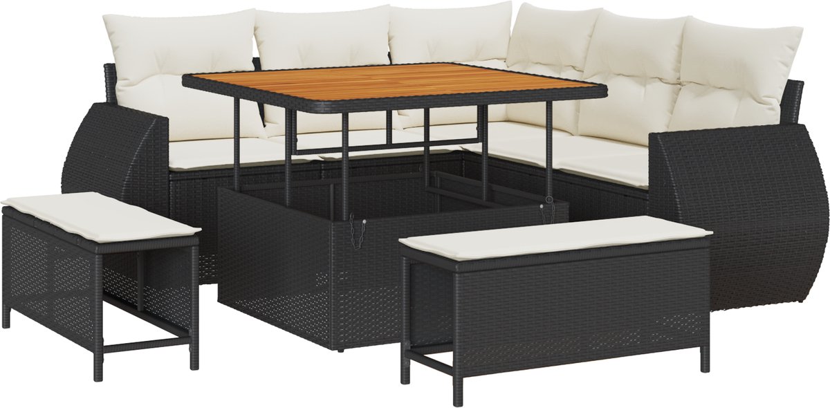 vidaXL - Tuinbank - Set - met - kussen - 8 - pcs - Zwart - en - Crème - poly - rattan