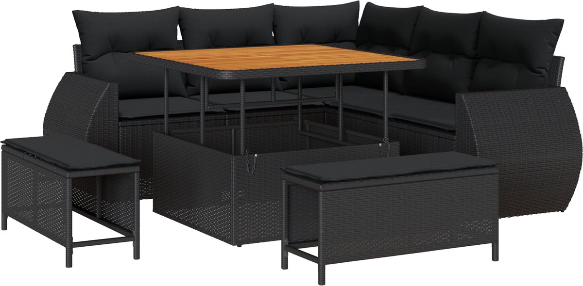 vidaXL - Tuinbank - Set - met - kussen - met - opslag - 8 - pcs - Zwart - poly - rattan