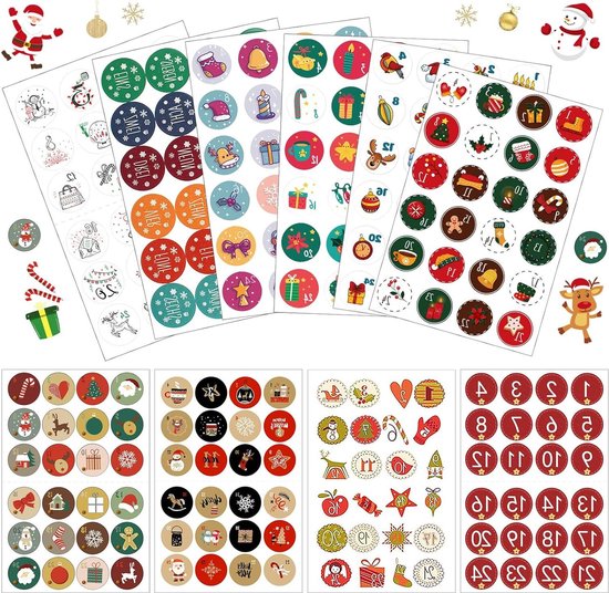 Allecto plus - Adventskalender cijferstickers - Ronde cadeaustickers - Zelfklevende etiketten voor kerstkalender - Knutselen - Set van 10 vellen