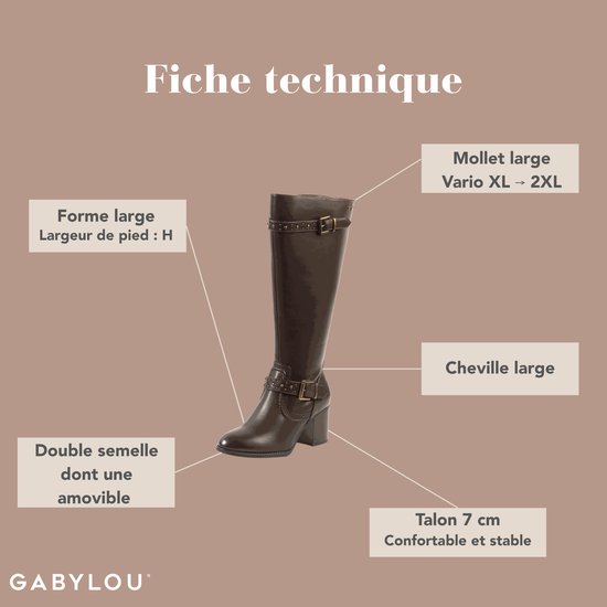 Bruine hoge laars met wijde schacht (XL-XXL), gespen en gespdetails, hak van 7 cm.