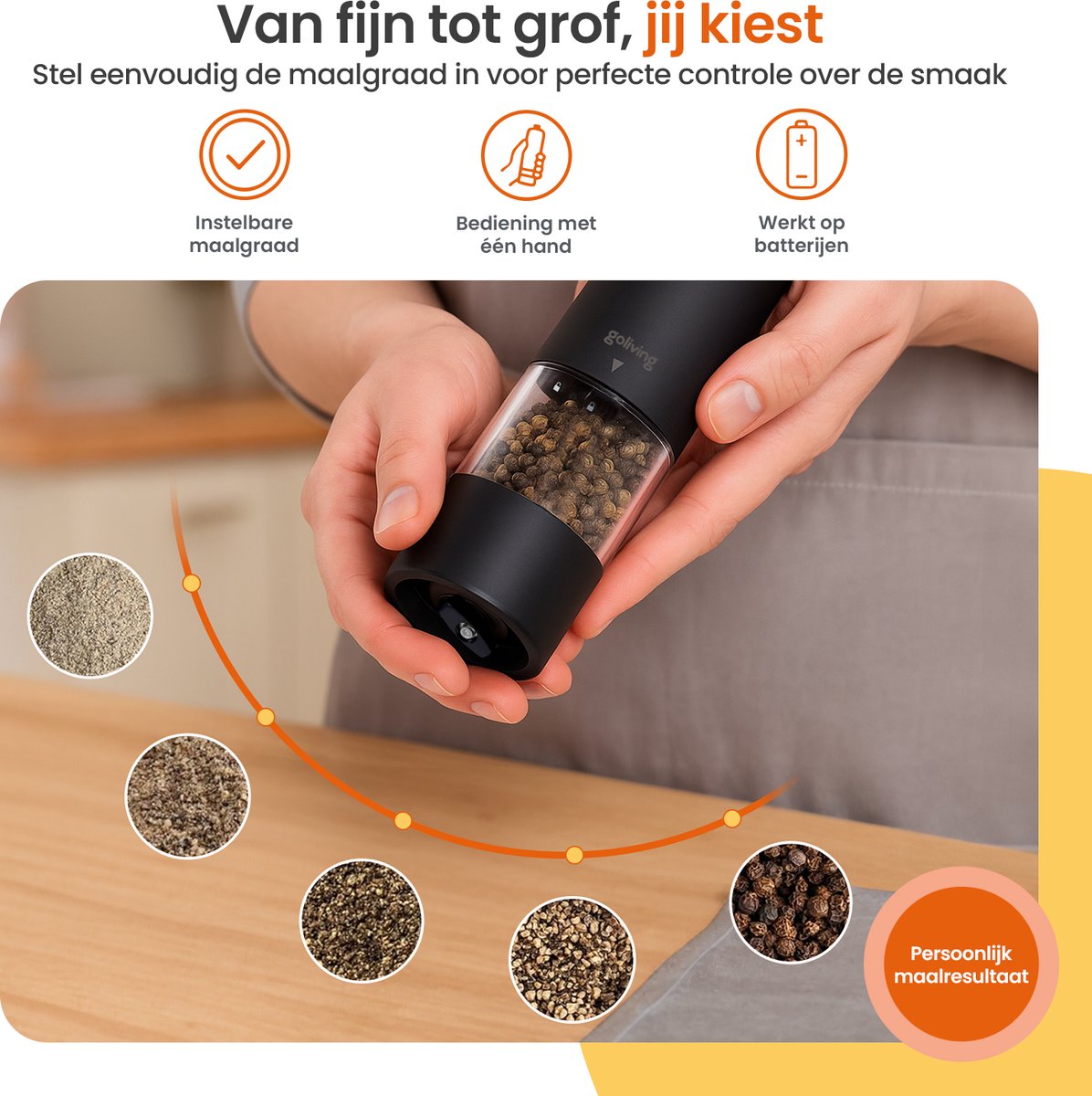 Goliving Elektrische Peper en Zoutmolen Set - LED Licht - Op Batterijen - Pepermolen - Zoutmolen - Peper en Zoutstellen - Kruidenmolen - Zwart — cadeau in Kookcadeaus - foto 8