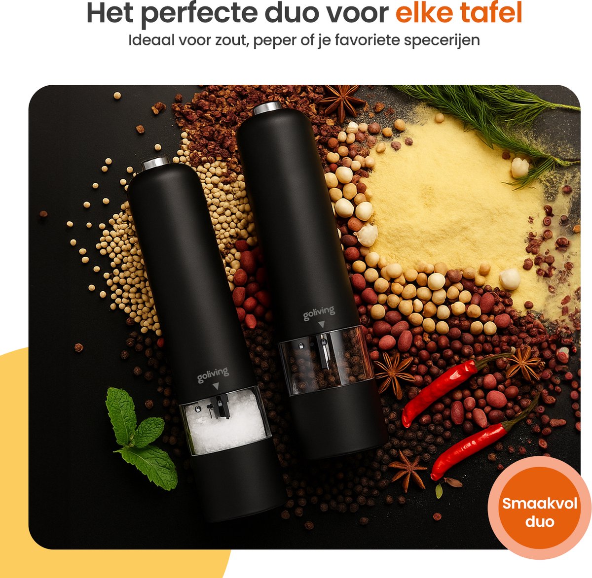 Goliving Elektrische Peper en Zoutmolen Set - LED Licht - Op Batterijen - Pepermolen - Zoutmolen - Peper en Zoutstellen - Kruidenmolen - Zwart — cadeau in Kookcadeaus - foto 7