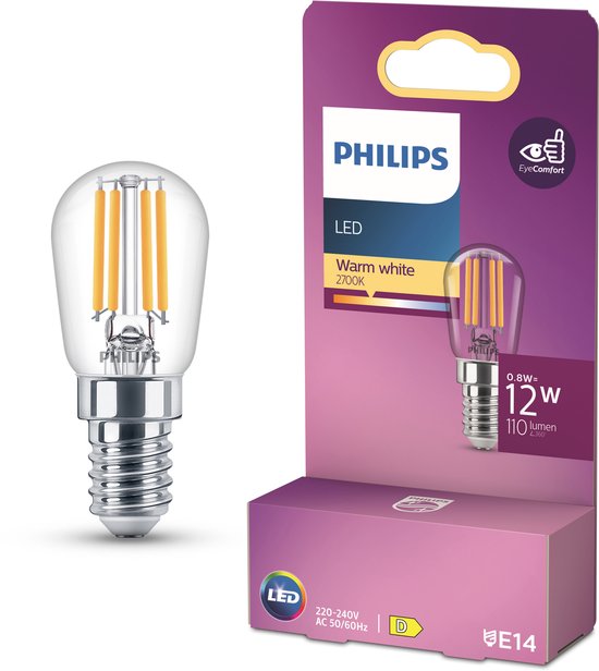 Ampoule LED Philips dans son emballage, blanc chaud 2700K, verre transparent, culot E14, 0.8W.