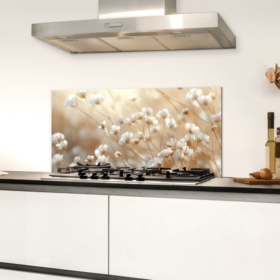 Crédence de Cuisinière en Aluminium 60x30 cm - Sauvage - Fleurs - Blanc - Écran Pare-éclaboussures pour Plaque de Cuisson - Protection Murale